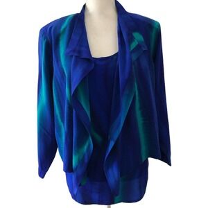 VINTAGE Aliki Yamani Creations Sz S 2 Piece Blouse Tank Cami Set Blue Green Silk